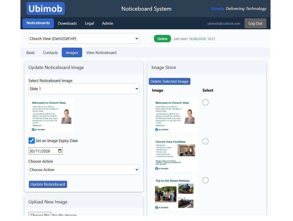 Ubimob portal — managing noticeboard image slides and the image library